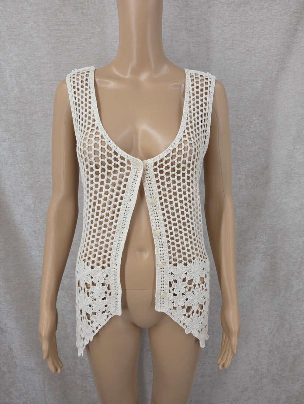 Cotton Off White Crochet Vest Hippie Boho Coastal Cowgirl NEW